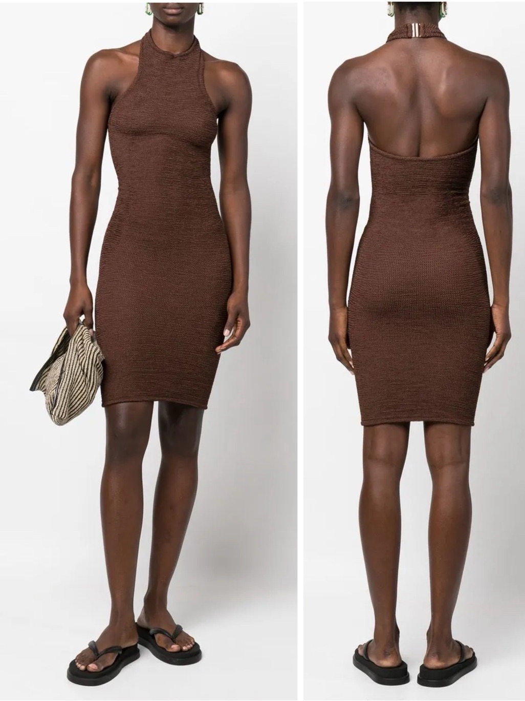 Nwt Hunza G Polly Halter Crinkle Mini Short Dress Chocolate Browns Women’s O/S